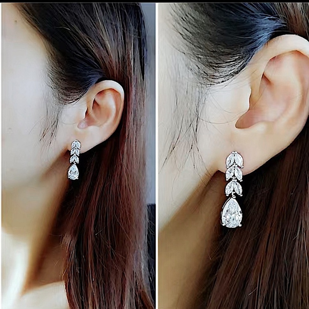 Formal Occasion Bridal Crystal Four Tier Leaf & Tear Drop Chandelier Earrings